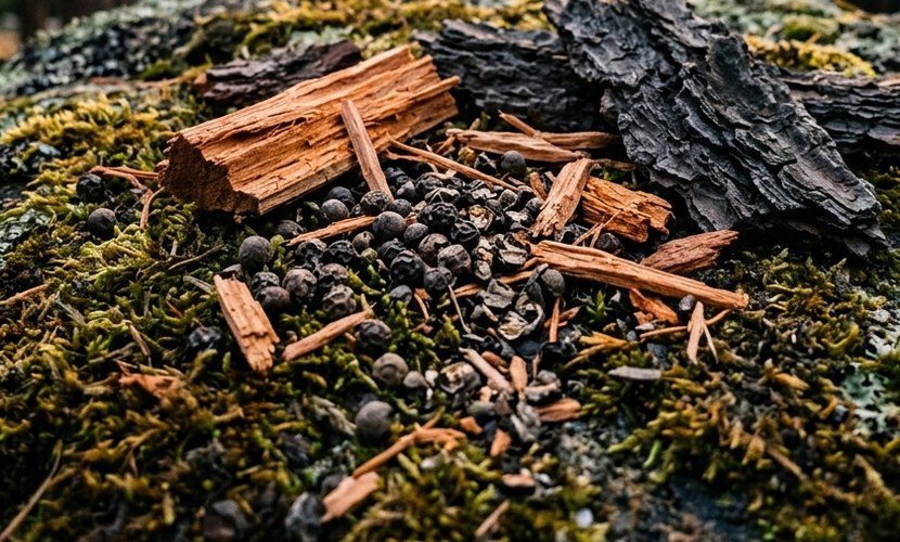 Bold fragrance family: peppercorns, cedar and bark on a mossy boulder
