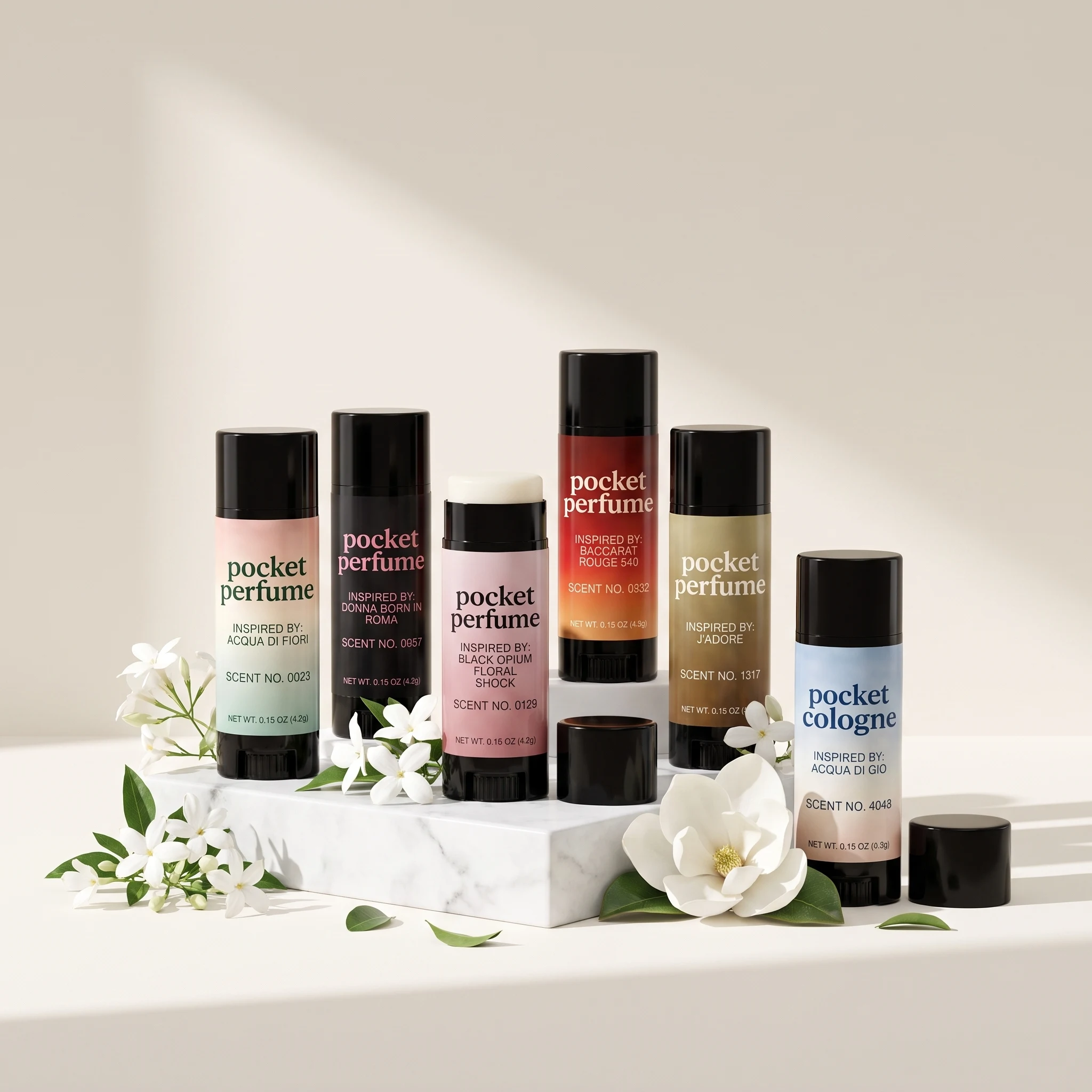 Pocket Perfume solid perfume sticks arranged with white flowers