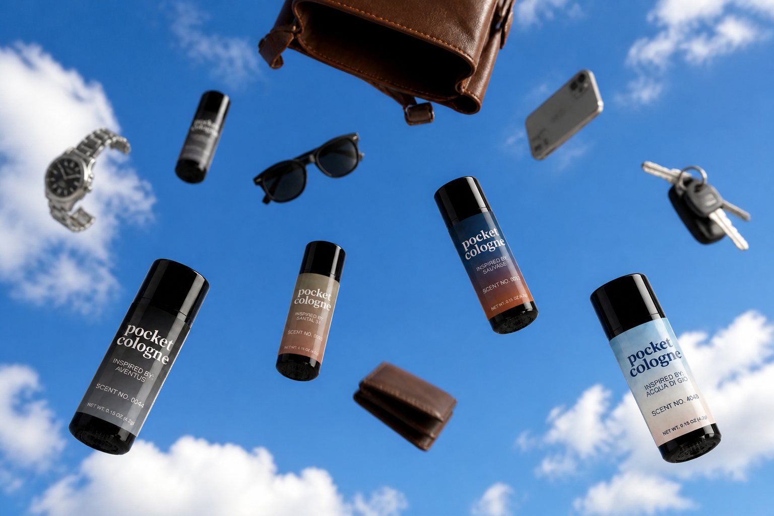 Pocket Perfume sticks falling through a blue summer sky
