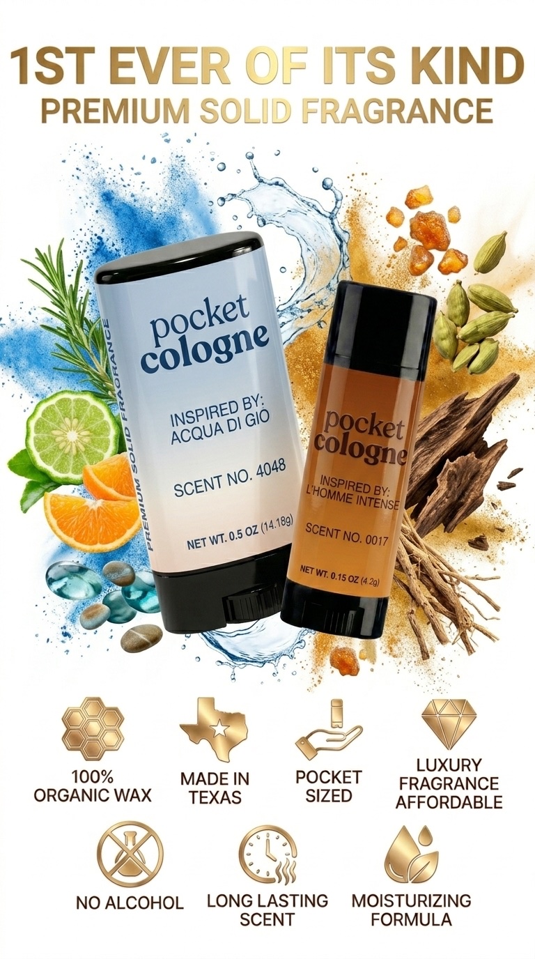Pocket Perfume premium solid fragrance: 100% organic wax, made in Texas, pocket sized, luxury fragrance affordable, no alcohol, long lasting scent, moisturizing formula