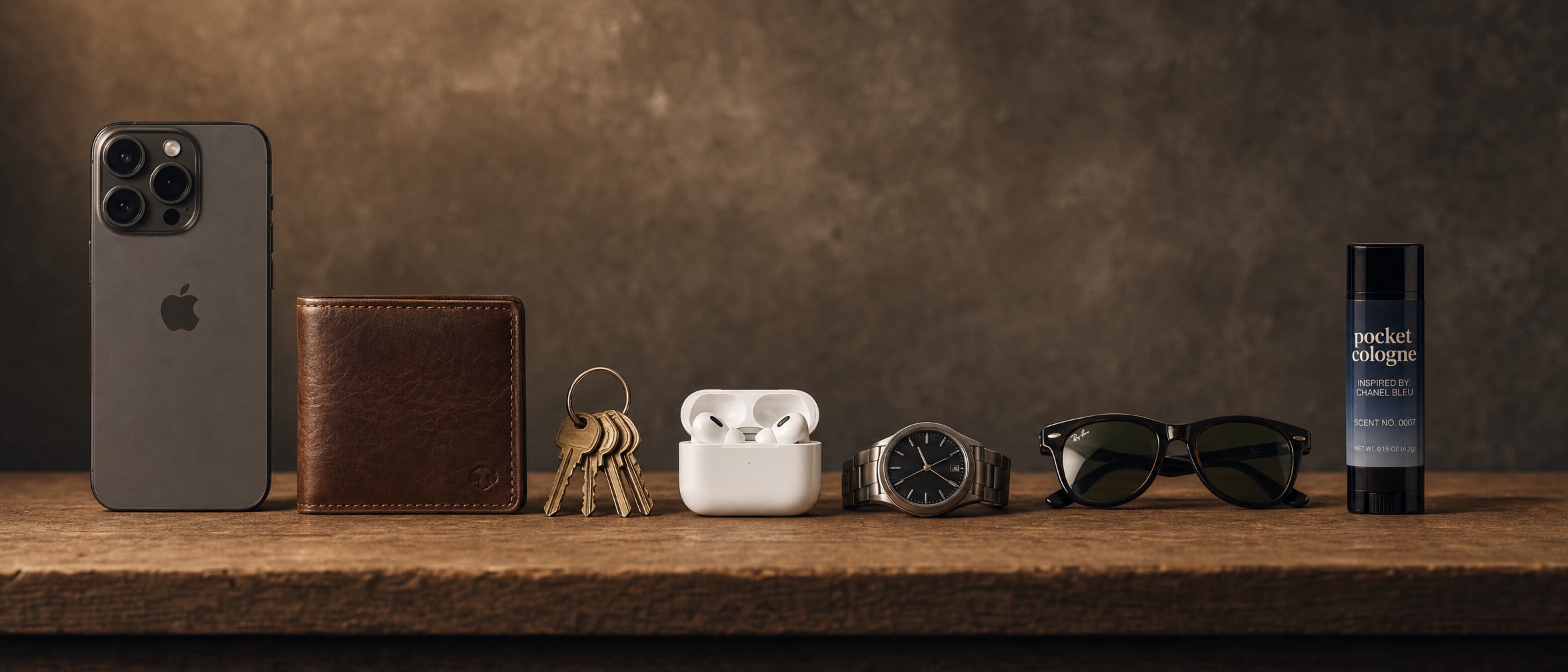 Pocket Perfume lined up with a phone, wallet, keys, earbuds, watch, and sunglasses on a wood shelf