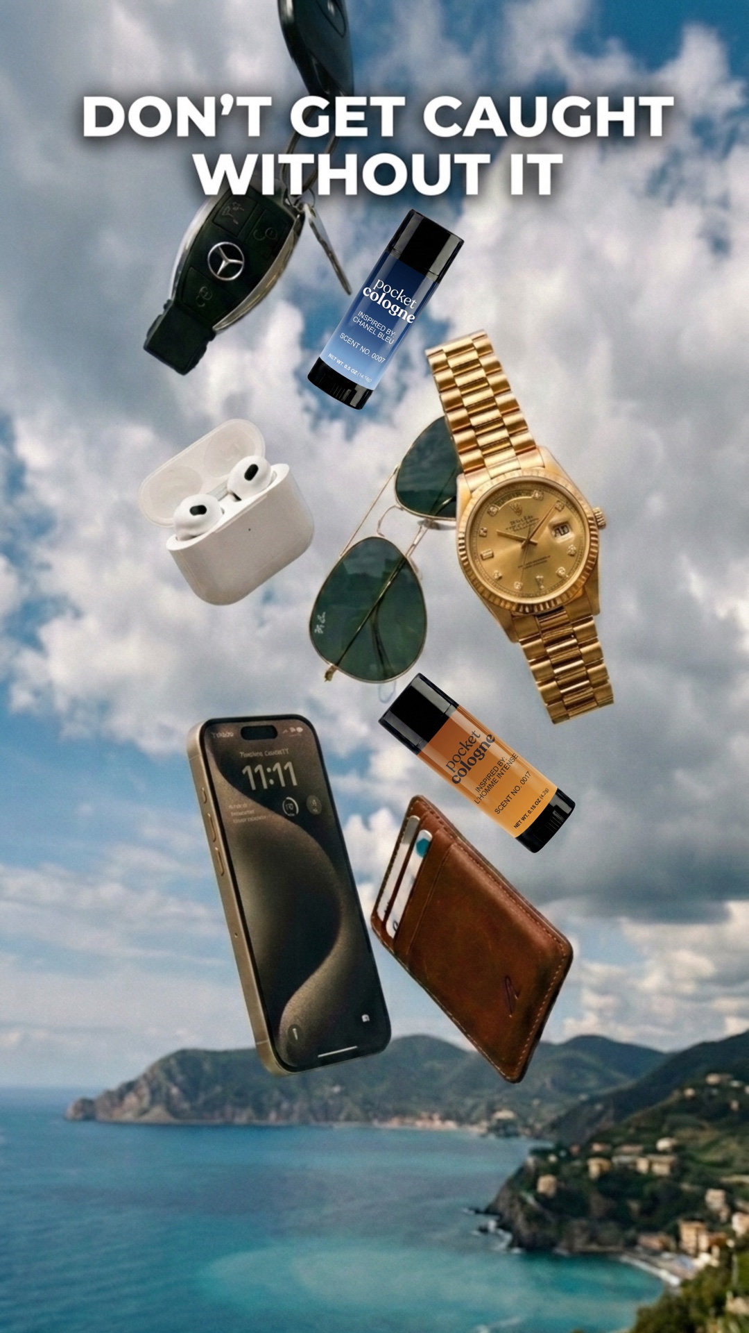 Don't get caught without it: Pocket Perfume with a Mercedes key, AirPods, sunglasses, watch, phone, and wallet