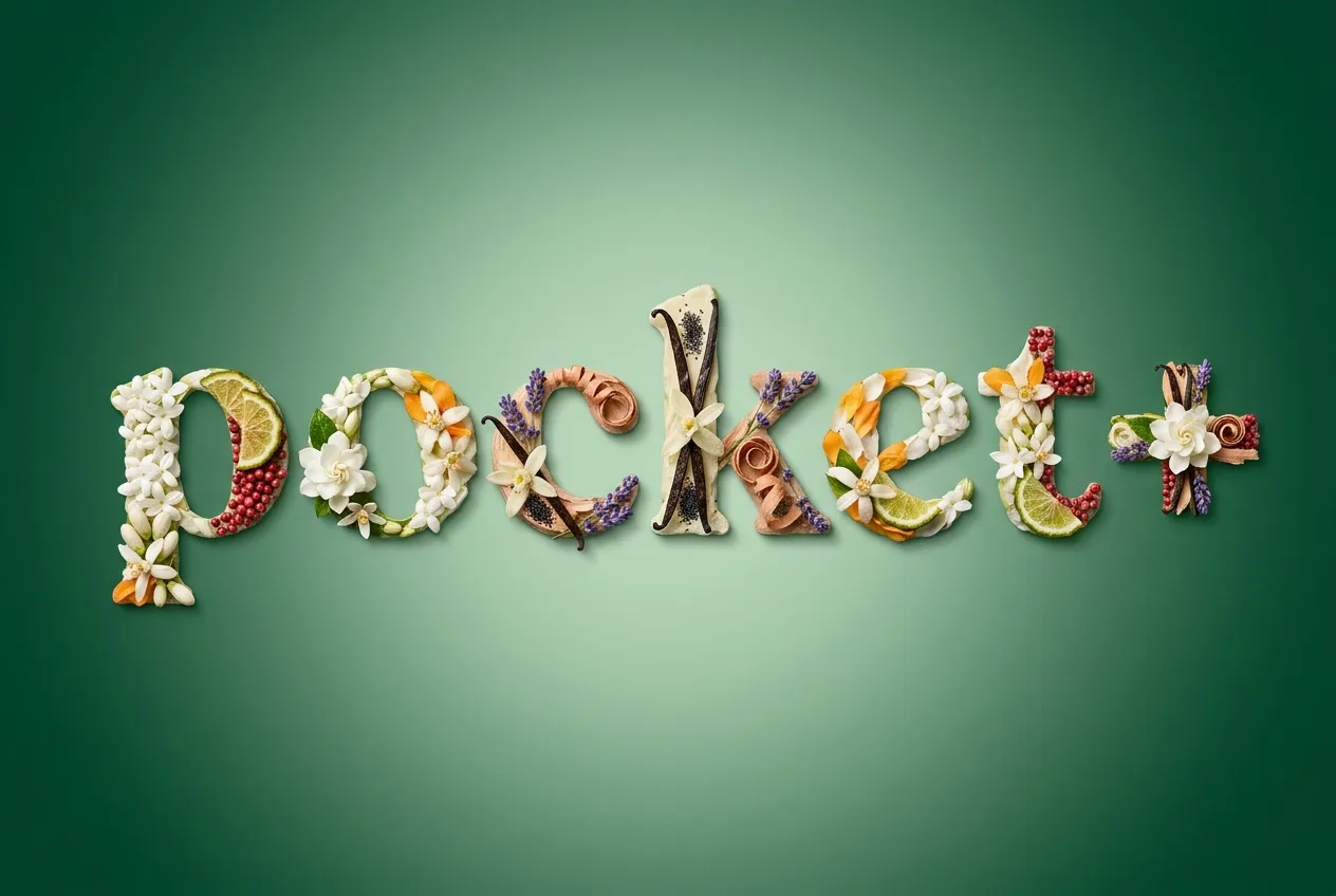 The word pocket+ spelled out in fragrance ingredients on a green background