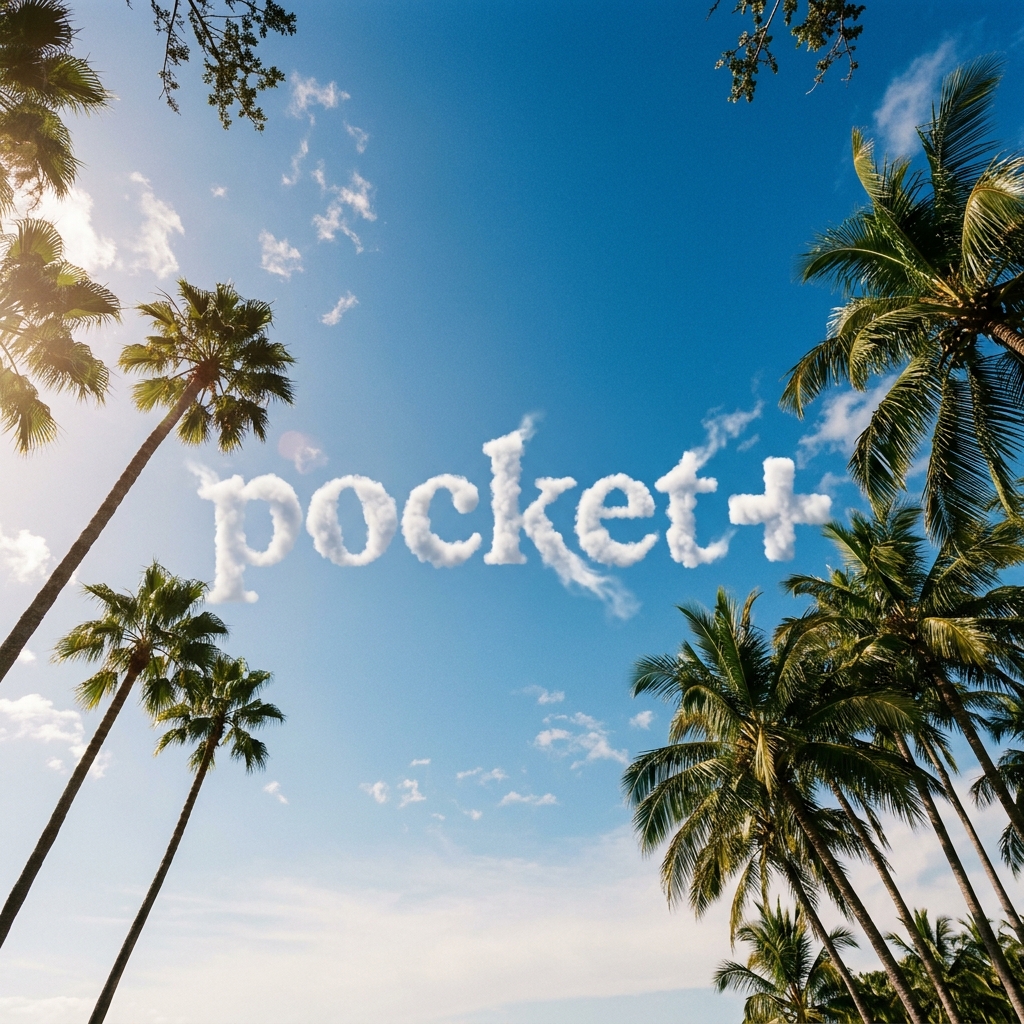pocket+ spelled in clouds against a blue summer sky framed by palm trees
