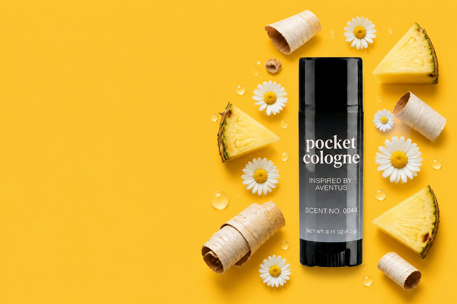 A Pocket Perfume stick on a bright yellow background, surrounded by pineapple wedges, daisies and wafer rolls