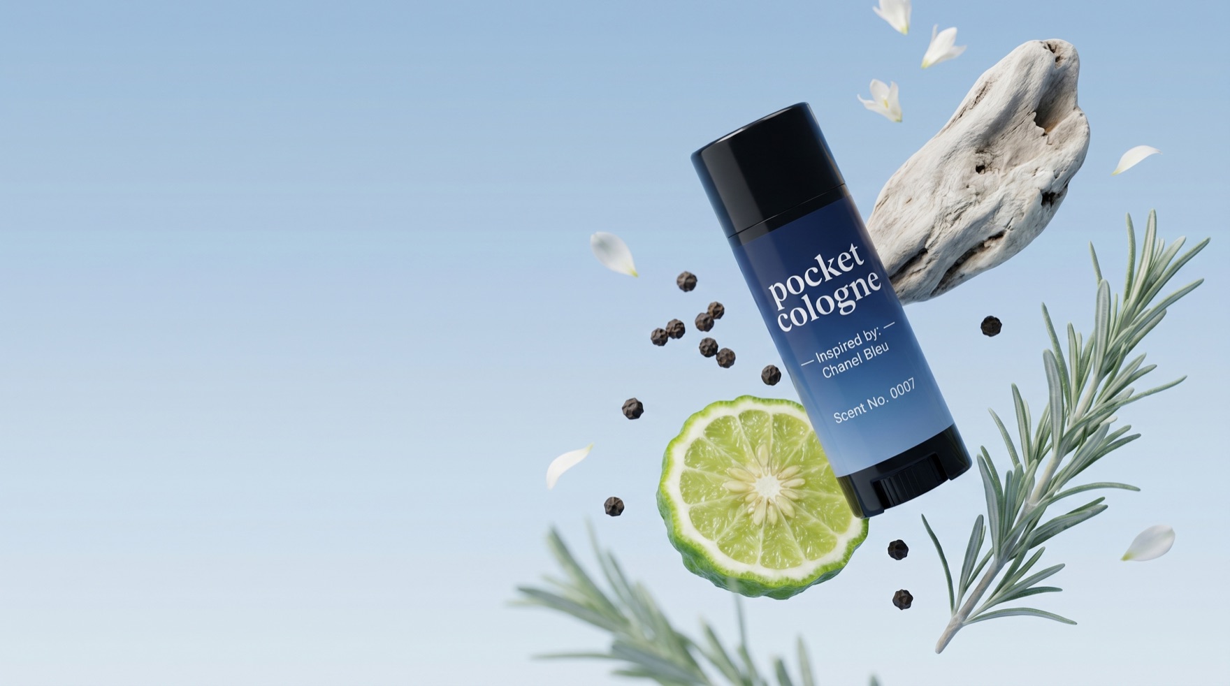Pocket+ solid perfume stick among fresh ingredients