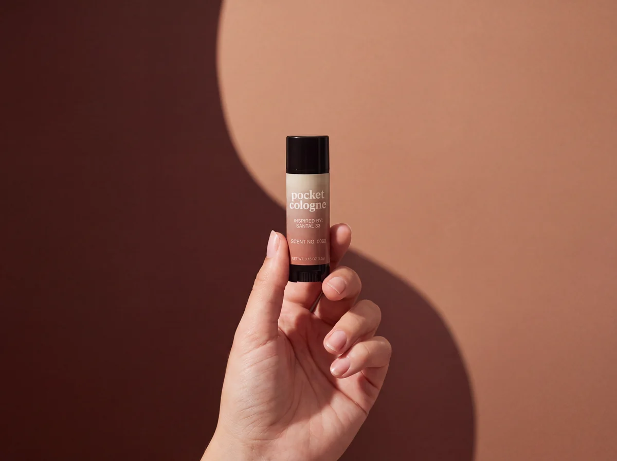 Hand holding Pocket Perfume Scent No. 0063, inspired by Santal 33