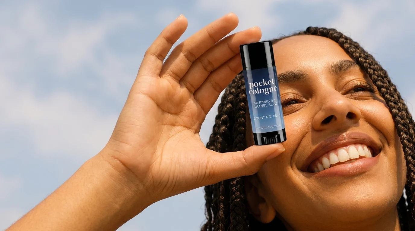Smiling woman holding Pocket Perfume Scent No. 0007, inspired by Bleu de Chanel, against a blue sky