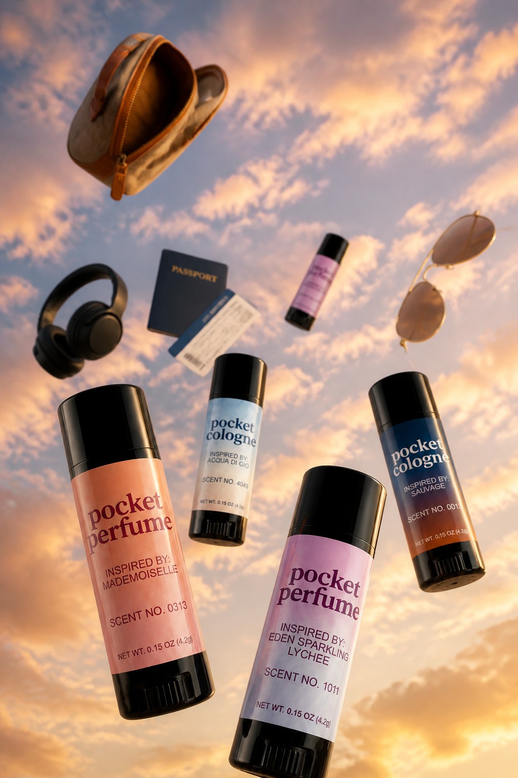 Pocket Perfume sticks falling through sunset clouds with a passport, headphones and sunglasses
