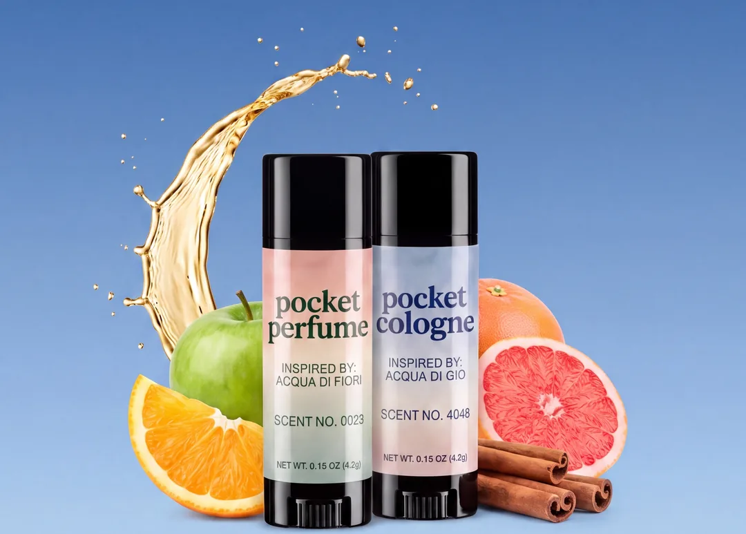 Pocket Perfume sticks side by side, both labels facing forward, with fruit and a splash of fragrance oil behind them