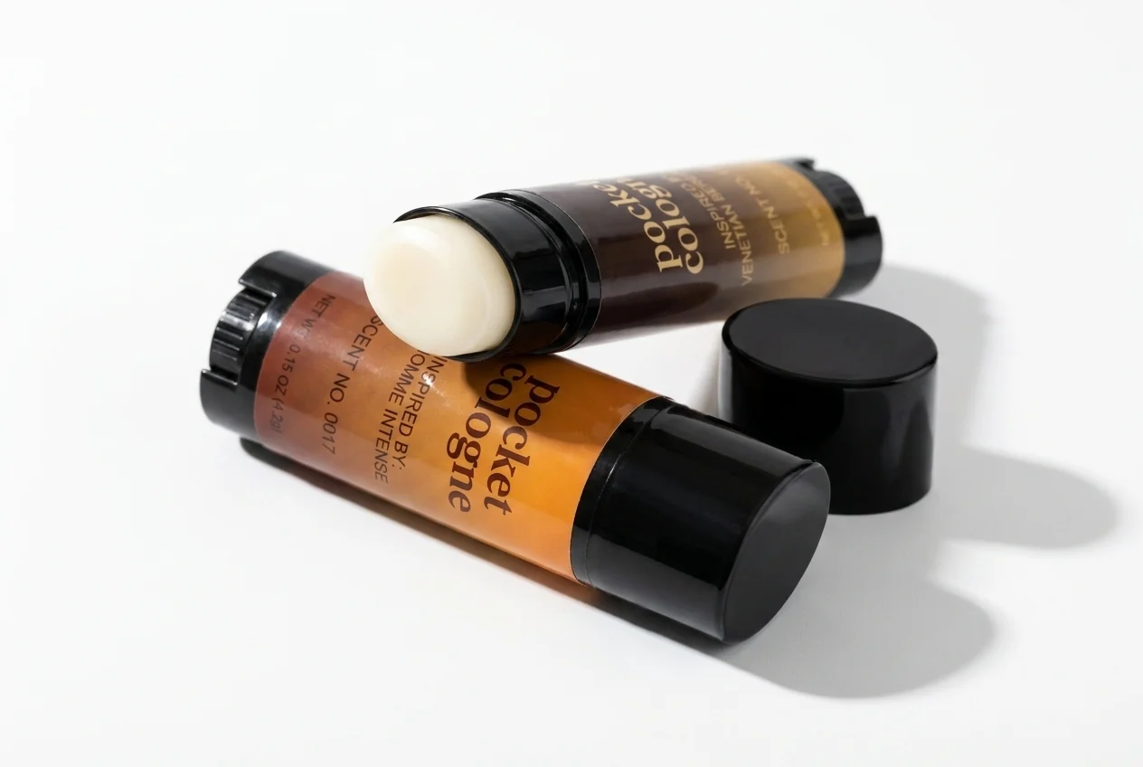 Two Pocket Perfume sticks, one open to show the solid balm