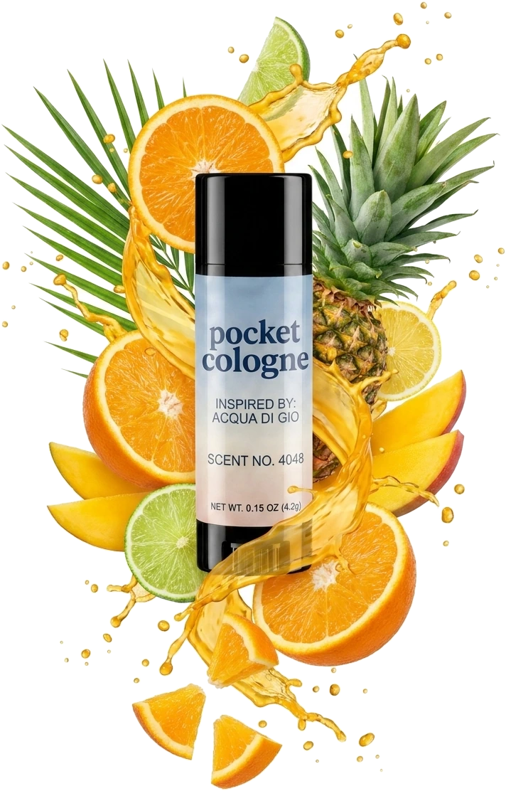 Tropical fruit and citrus bursting mid-air around Pocket Perfume Scent No. 4048, inspired by Acqua di Gio