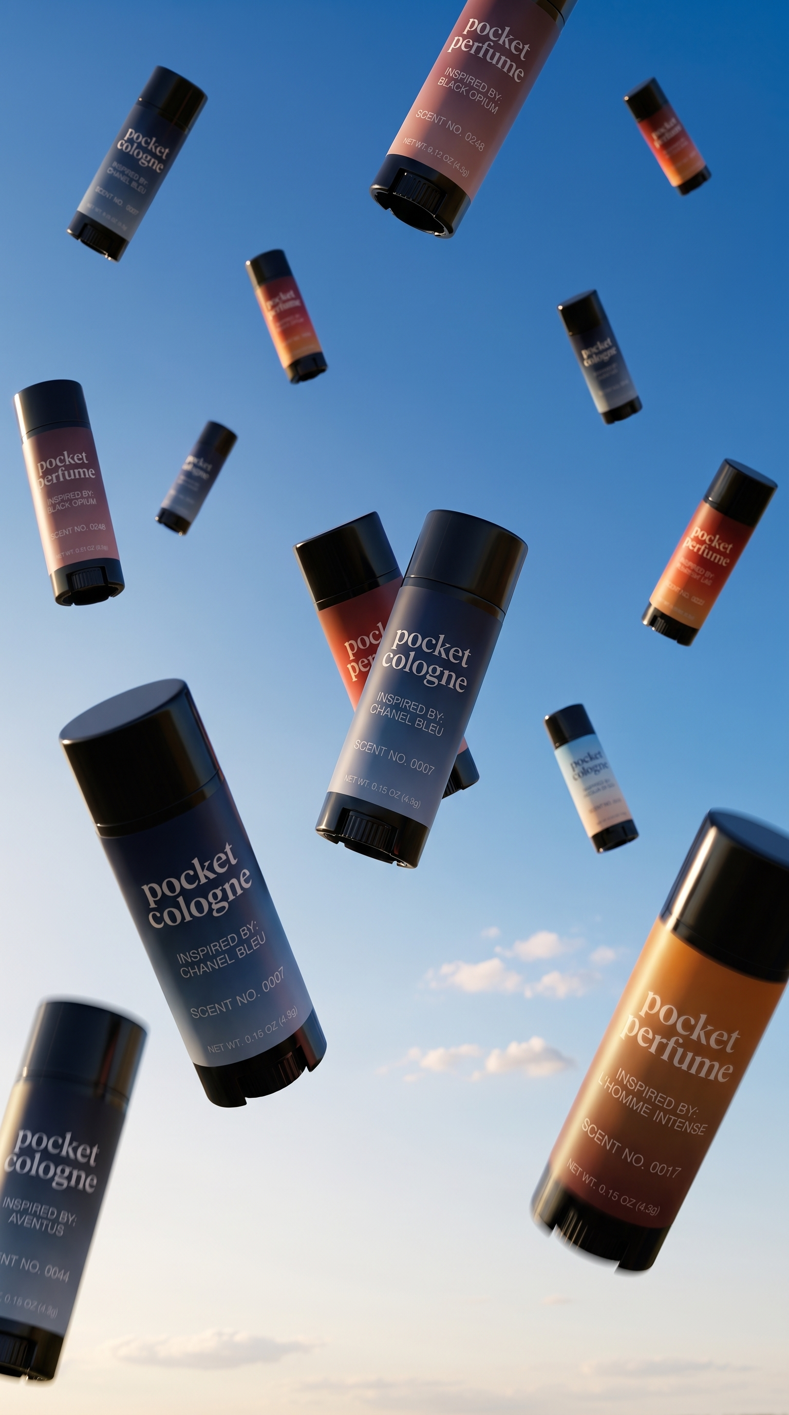 Pocket Perfume sticks falling through a blue summer sky