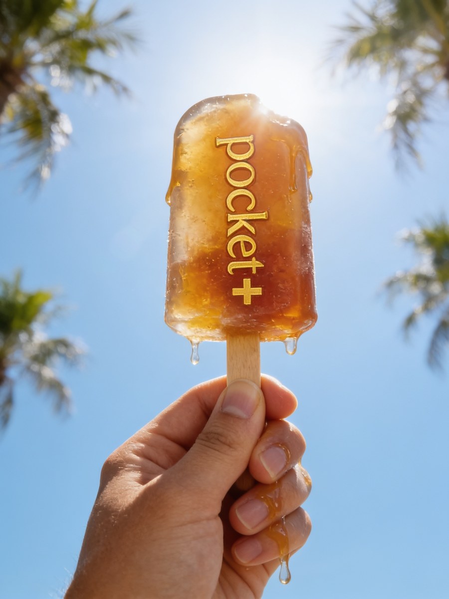 A hand holding a dripping popsicle with the pocket+ wordmark frozen inside, palm trees and blue sky behind