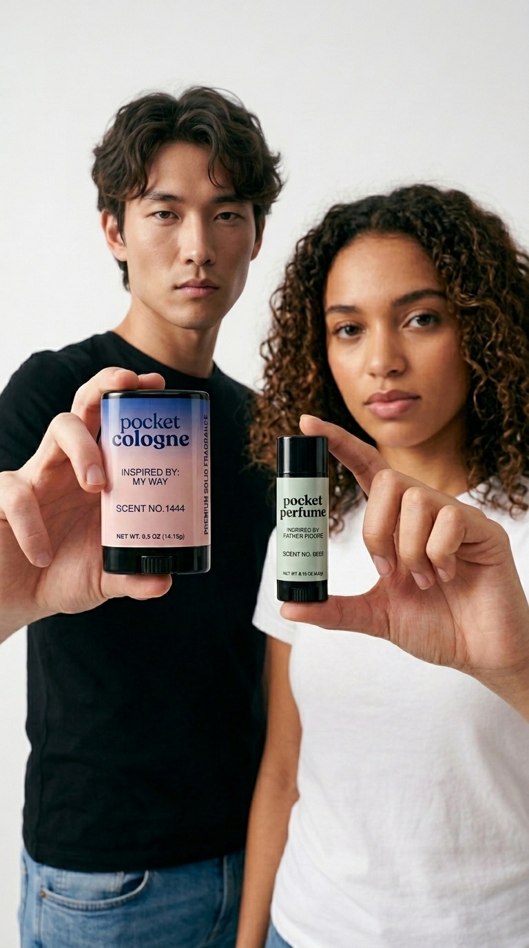 Two models holding Pocket Perfume solid fragrances