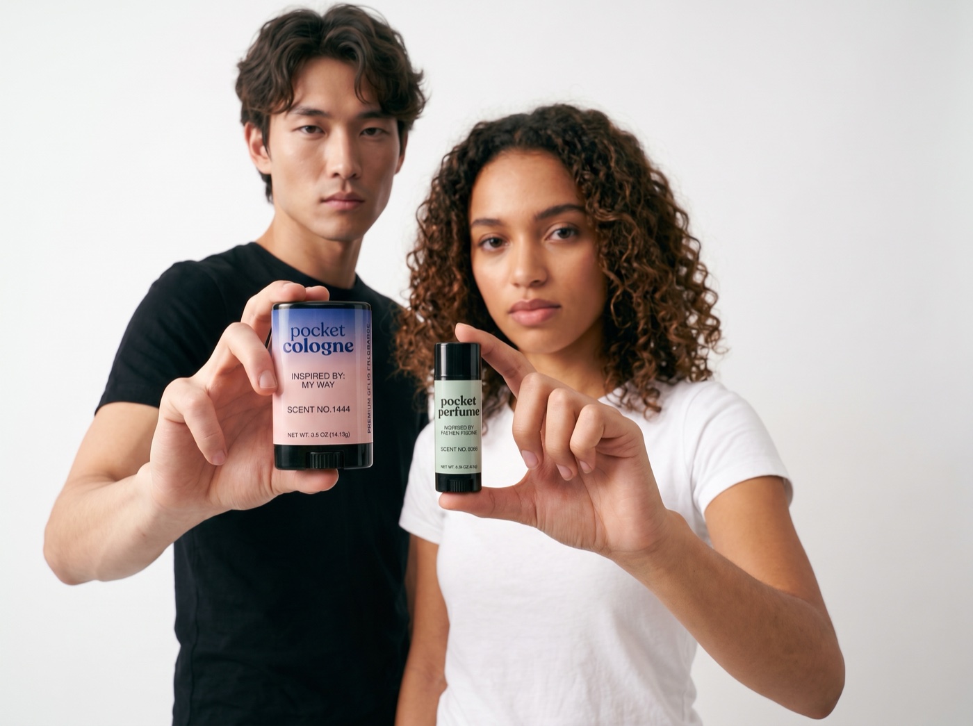Two models holding Pocket Perfume solid fragrances