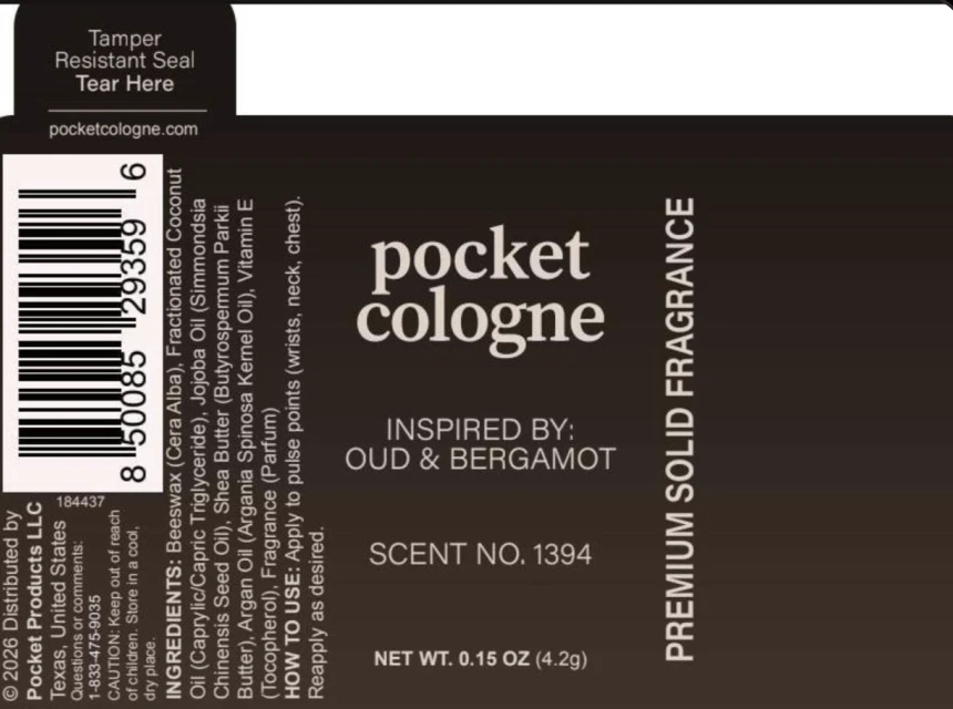 Pocket Cologne product label: pocket cologne, inspired by Oud & Bergamot, scent no. 1394, net wt. 0.15 oz (4.2g), full ingredient list and caution text