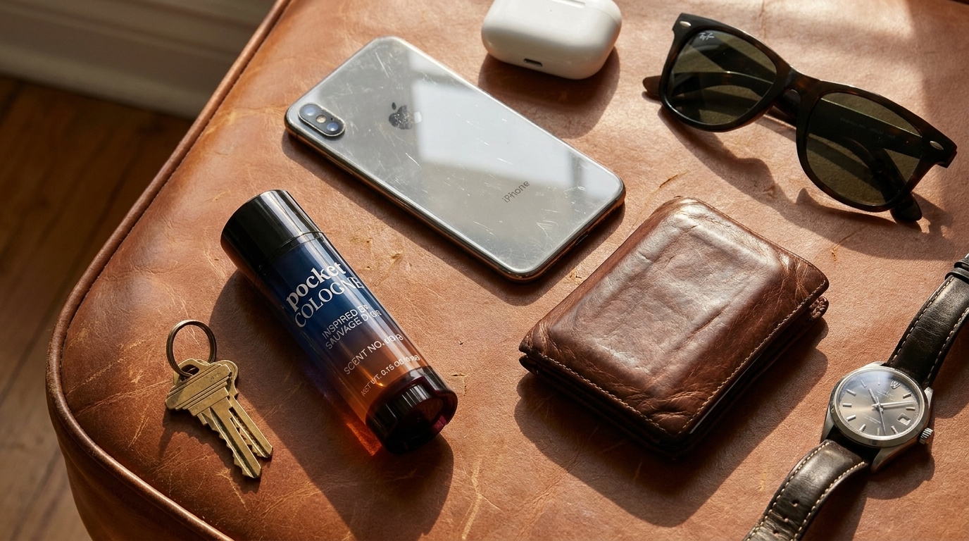 Pocket Cologne next to phone, wallet, keys, earbuds, watch, and sunglasses on a leather surface